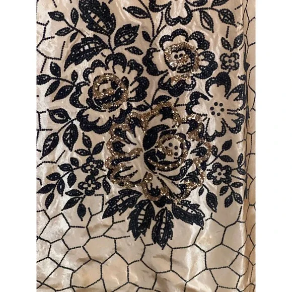 1940/50 Champaign Taffetta Cocktail Dress, Flocked W/ Velvet/Glitter Lace Trim S - Picture 4 of 12